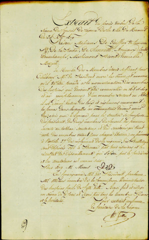 Lettre des bourgmestres de Gaiffier de Tamison et du secrétaire de la Régence Isidore Fallon adressée à Monsieur Maus lui adressant un extrait du procès-verbal de la séance du 24 octobre 1819 dans laquelle le conseil a nommé Monsieur Maus membre de la Commission administrative des hospices de la ville.