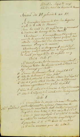 Extrait du registre aux délibérations des hospices de Namur. Séance du 28 pluviôse an 13 (17 février 1805). Division de l'administration en bureau.