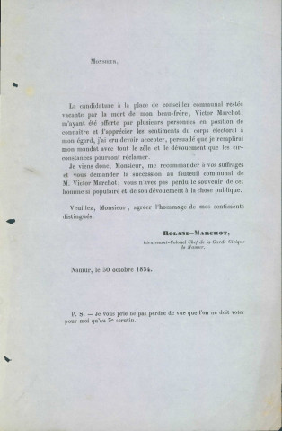 Tract électoral de Roland-Marchot, lieutenant-colonel de la Garde civique de Namur.