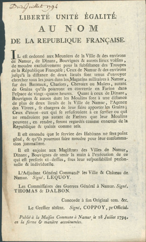 Annonce des officiers municipaux de Namur ordonnant aux meuniers de Namur, Dinant, Bouvignes, de moudre exclusivement au bénéfice des troupes françaises. Lieux d'approvisionnement en grains. Délai octroyé. Signé Coppoy.