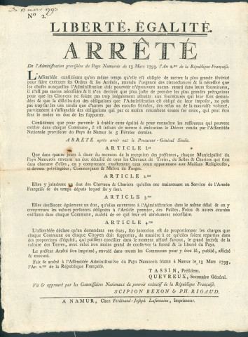 Arrêté de l'administration provisoire du pays de Namur sur l'obligation pour les municipalités de fournir un état des lieux des chevaux, des pailles existant sur leur territoire. Equité des charges pesant sur les communes et les citoyens. Signé N. Tassin président, Quevreux secrétaire-général.