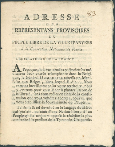 Adresse des représentants provisoires du peuple libre de la Ville d'Anvers à la Convention nationale de France