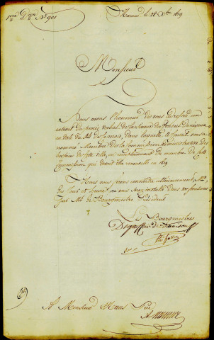 Lettre des bourgmestres de Gaiffier de Tamison et du secrétaire de la Régence Isidore Fallon adressée à Monsieur Maus lui adressant un extrait du procès-verbal de la séance du 24 octobre 1819 dans laquelle le conseil a nommé Monsieur Maus membre de la Commission administrative des hospices de la ville.