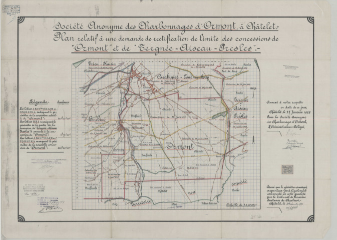 Société Anonyme des Charbonnages d'Ormont, à Châtelet. - Plan relatif à une demande de rectification de limite des concessions de "Ormont" et de "Tergnée-Aiseau-Presles".-