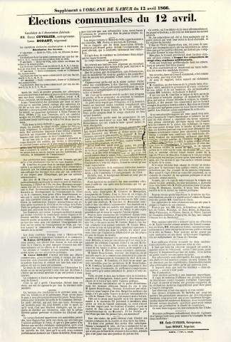 Supplément de L'Organe de Namur et de la province du 12 avril 1866 appelant à voter pour les candidats de l'Association libérale de Namur.