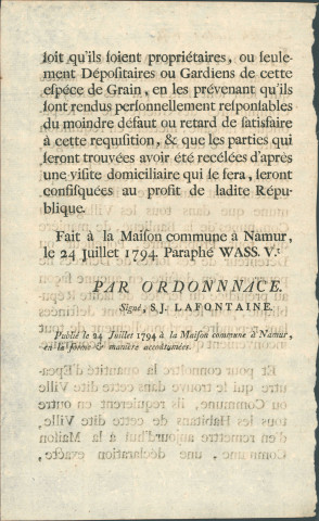 Annonce des officiers municipaux de Namur réquisitionnant les grains et fourrages. Inventaire à fournir. Signé S.J. Lafontaine.