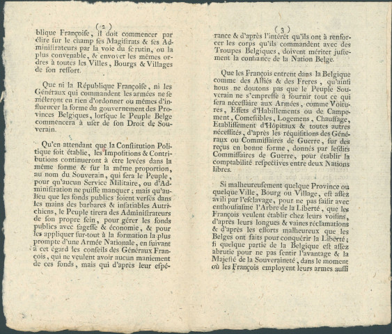 Proclamation de Cyrus Valence, commandant en chef de l'armée des Ardennes, portant à la connaissance des citoyens de Namur la proclamation du 8 novembre 1792 de Charles-François Dumourier, commandant en chef de l'armée de la Belgique, relative aux mesures à prendre pour l'administration de la Belgique