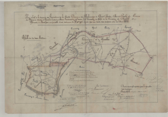 Société anonyme des charbonnages du Nord de Gilly à Fleurus. Plan 1°) des concessions du Bois de Soleilmont, sur Fleurus, et des Dix huit Bonniers de Soleilmont, sur Fleurus, Gilly et Châtelineau ; ces deux concessions appartenant à la Société anonyme des charbonnages du Nord de Gilly. - 2°) de la partie de concession cédée à cette dernière Société par la Société anonyme des charbonnages du Gouffre, à Châtelineau : cette cession étant faite sous réserve d'approbation par arrêté royal.