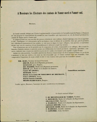 Appel à voter pour les candidats de l'Union constitutionnelle et conservatrice de l'arrondissement de Namur.