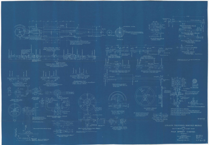 Copie d'un plan de The Strauss Bascule & concrete Bridge Company. Pont bascule sur le bras sud de la rivière Chicago, Polk street, Chicago. Palier à collerette, arbre de moteur en acier forgé, freins ...