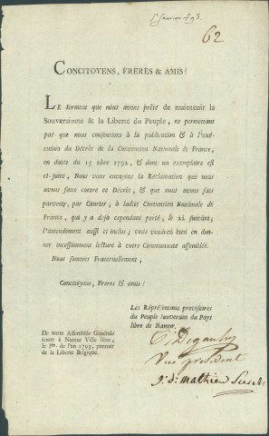 Notification de l'Assemblée générale des représentants provisoires du peuple souverain de Namur aux communautés assemblées sur la réclamation apportée au décret du 15 décembre 1792 de la Convention nationale