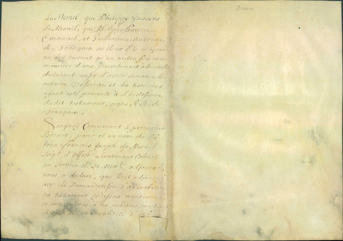 Approbation, par le Conseil provincial de Namur, du testament de Marie Agnès de Franquen.