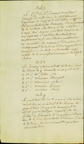 Extrait du registre aux délibérations des hospices de Namur. Séance du 28 pluviôse an 13 (17 février 1805). Division de l'administration en bureau.