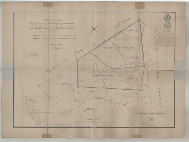 Plan de Surface Joint à la demande de la Société de Mont Ste Aldegonde en date du 19 décembre 1856 tendante à obtenir à titre d'Extension la concession des couches de houille gisantes sous une portion des territoires des Communes de Mont Ste Aldegonde, Ressaix et Leval-Trahegnies, province de Hainaut.