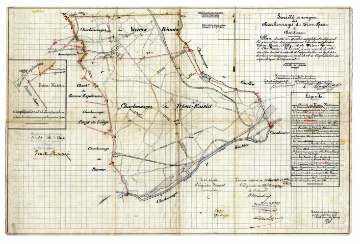 Société anonyme des Charbonnages du Trieu-Kaisin à Châtelineau. Plan dressé en quatre expéditions indiquant les périmètres des concessions charbonnières des Viviers-Réunis, à Gilly, et du Trieu-Kaisin, à Châtelineau, et annexé à une requête de cette dernière Société tendante à l'approbation de la fusion des deux concessions en une seule et à l'exploitation des espontes qui les séparent.