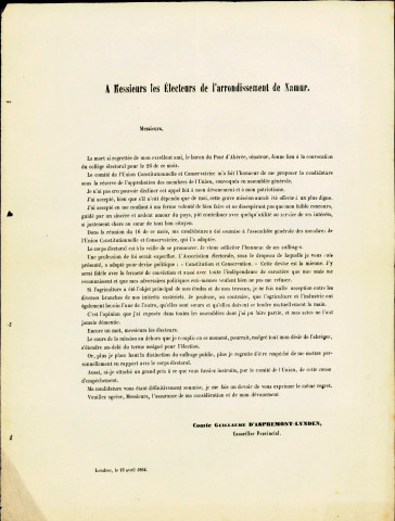 Tract électoral du comte Guillaume d'Aspremont-Lynden, candidat de l'Union constitutionnelle et conservatrice de l'arrondissement de Namur.