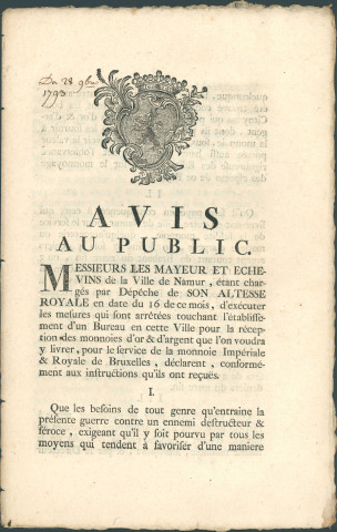 Avis au public du mayeur et des échevins de la Ville de Namur concernant la création à Namur d'un bureau pour réceptionner les monnaies d'or et d'argent. Signé S.J. Lafontaine.