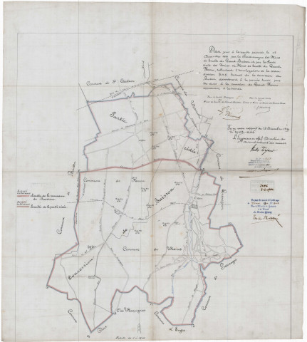 Plan joint à la requête présentée, le 15 Décembre 1899 pour la Société anonyme des Mines de houille du Grand Buisson et par la Société civile des Usines et Mines de houille du Grand Hornu, sollicitant l'homologation de la cession d'environ 348 hectares de la concession de Buisson, appartenant à la première Société, pour être réunis à la concession de Grand Hornu appartenant à la seconde.