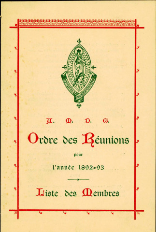 Ordre des réunions pour les années 1892-1893 et liste des membres de la Congrégation de l'Immaculée Conception.