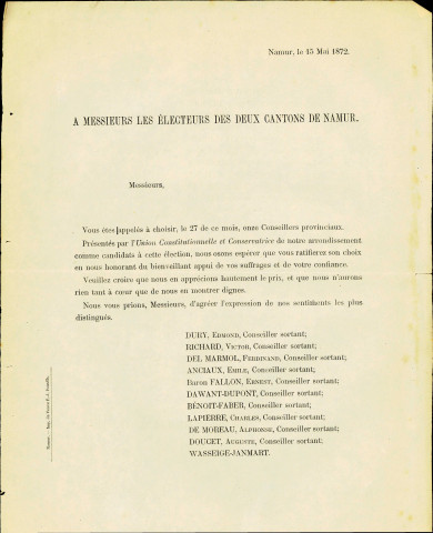 Appel à voter pour les candidats de l'Union constitutionnelle et conservatrice de l'arrondissement de Namur.