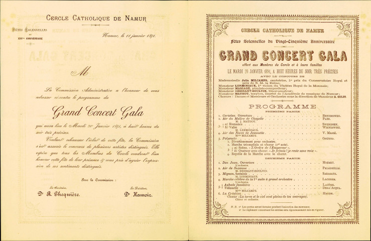 Programme du grand concert de gala donné, le 20 janvier 1891, à l'occasion du 25e anniversaire de la fondation du Cercle catholique de Namur.