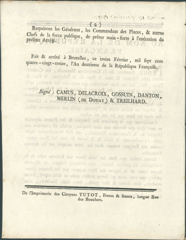 Annonce à la population de l'obligation faite aux Français émigrés ou déportés de quitter les pays occupés par les armées françaises. Signé Camus, Delacroix, Gossuin, Danton, Merlin (de Douay), Treilhard.
