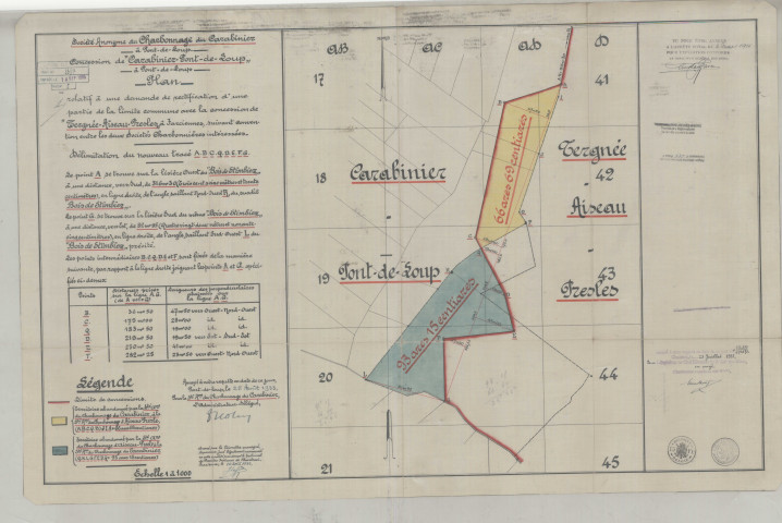 Société Anonyme du Charbonnage du Carabinier à Pont-de-Loup. Concession de "Carabinier-Pont-de-Loup" à Pont-de-Loup. Plan relatif à une demande de rectification d'une partie de la limite commune avec la concession de "Tergnée-Aiseau-Presles" à Farciennes, suivant convention entre les deux Sociétés Charbonnières intéressées.