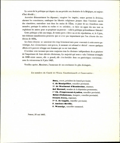 Appel à voter pour les candidats de l'Association constitutionnelle et conservatrice de l'arrondissement de Namur.