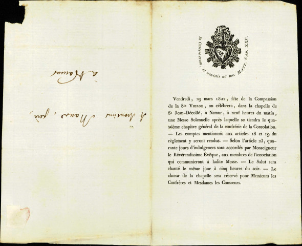 Invitations aux messes puis aux chapitres généraux de la Confrérie de la Consolation qui auront lieu de 1821 à 1830