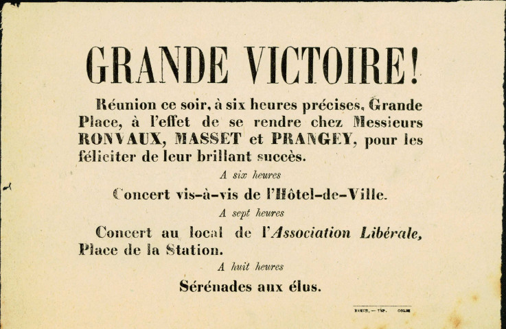 Billet de l'Association libérale invitant à des festivités organisées pour célébrer la victoire libérale.