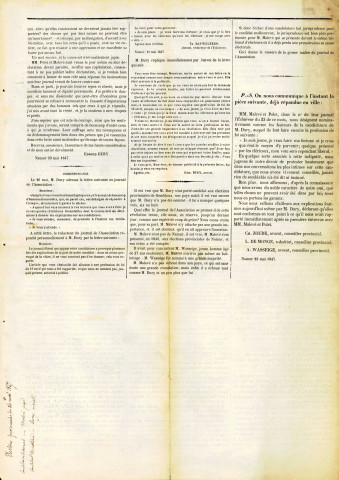 Supplément de L'Ami de l'Ordre du 25 mai 1847 (selon une mention manuscrite), reproduisant une lettre qu'Edmond Dury a écrite en réponse aux attaques du juge F.-J. Malevé et de Th. Polet.