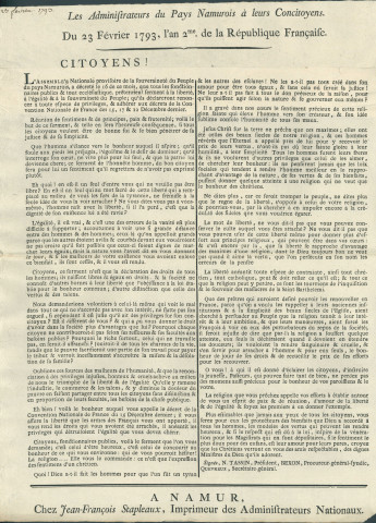 Annonce à la population des administrateurs du pays namurois concernant le serment à prêter par les fonctionnaires et les écclésiastiques en vertu du décret de la Convention nationale du 15 décembre 1792. Signé N. Tassin président, Bexon procureur-général-syndic, Quevreux secrétaire général.