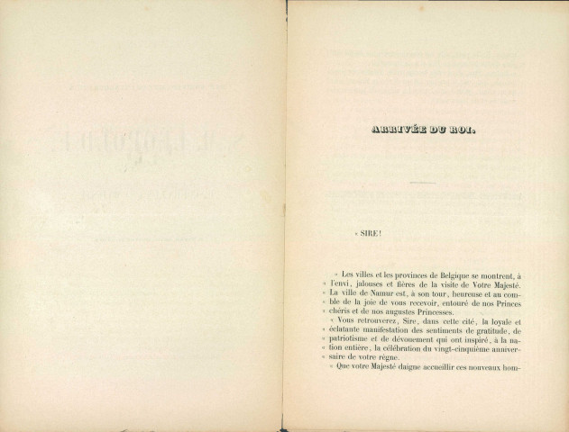 Discours lu par le bourgmestre François Dufer à Léopold Ier, à l'occasion du 25e anniversaire de l'inauguration de son règne. Brochure de 8 pages éditée à Namur, chez D. Gérard, en 1856.