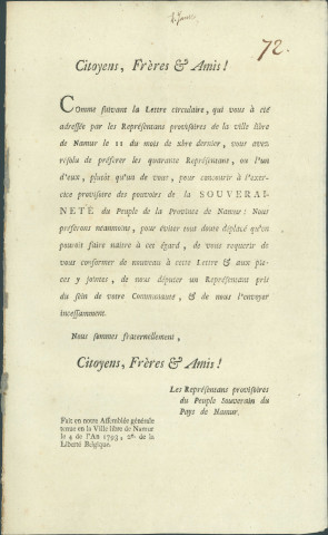 Deuxième rappel pour l'envoi par les communes d'un représentant à l'Assemblée générale des représentants provisoires du peuple souverain du pays de Namur