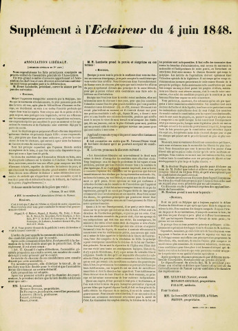 Supplément du journal L'Éclaireur du 4 juin 1848 reproduisant les faits principaux consignés au procès-verbal de l'assemblée générale de l'Association libérale de Namur du 1er juin 1848.