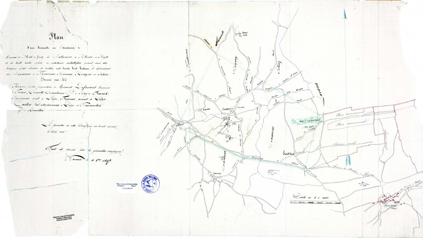 Plan d'une demande de concession de Minerai de Plomb et Zinc, de Calamine, de Blende, de Piryte et de toute autre espèce de substance métallifère, gisant sous des terrains d'une étendue de quatre cent trente huit hectares, et dépendant des Communes de Pondrome, Honnay, Revogne et Sohier...