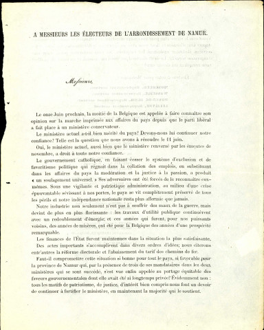 Appel à voter pour les candidats de l'Union constitutionnelle et conservatrice de l'arrondissement de Namur.