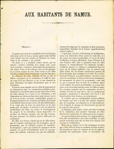 Lettre aux Namurois, signée par l'industriel Is. Wérotte, dans laquelle l'auteur plaide pour la destruction des ouvrages fortifiés de Namur et la rédaction d'une pétition allant dans ce sens. (11 septembre ?)
