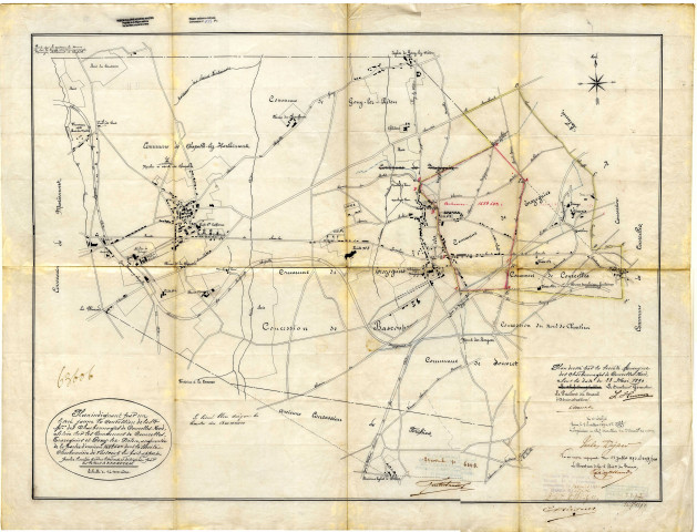 Plan indiquant par un liseré jaune la concession de la Sté Anme des Charbonnages de Courcelles-Nord, Située sur les les Communes de Courcelles, Trazegnies et Gouy-lez-Piéton, augmentée de la partie d'environ 168 h 54 a dont la Société Charbonnière de Bascoup lui fait apport,...