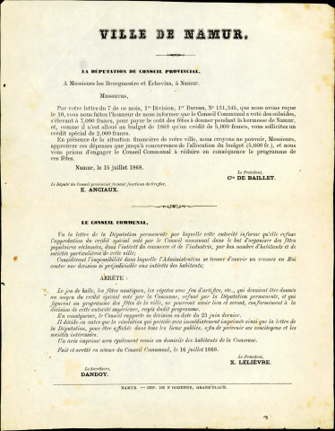 Document, signé par le comte de Baillet, président du Conseil provincial de Namur, et d'E. Anciaux, greffier dudit Conseil, désapprouvant le budget alloué à l'organisation de la kermesse de Namur.