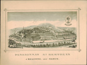 Prospectus publicitaire pour le pensionnat Saint-Berthuin, à Malonne. Une lithographie représentant l'abbaye et signée V. Persenaire de Bruxelles, occupe la première page du prospectus.