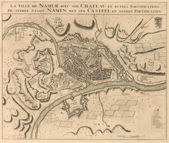 La Ville de Namur avec son Chateau et autres Fortifications.
De sterke Stadt Namen met syn Casteel en andere Fortificatien.
F. de Wit Excudit Amstelodami. Cum privilegio. Anno 1695. I. Ottens Fecit.