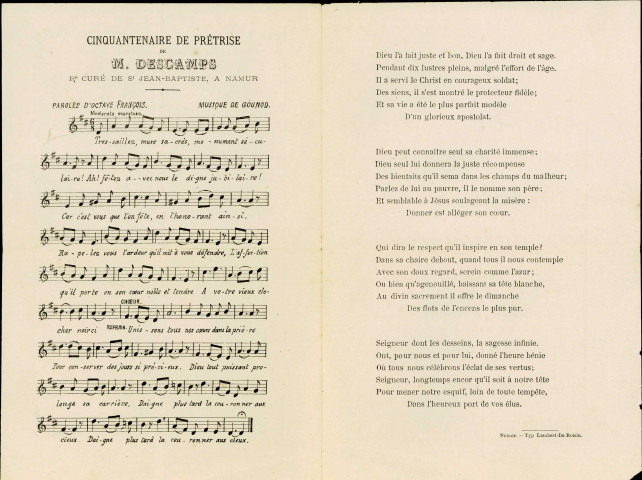 Texte de la chanson écrite en l'honneur du cinquantenaire de prêtrise de l'abbé Descamps, curé de Saint-Jean-Baptiste de Namur. Cet anniversaire a été célébré le 23 décembre 1884. La première page de cette plaquette comporte une dédicace d'Octave François à M. de Radiguès.