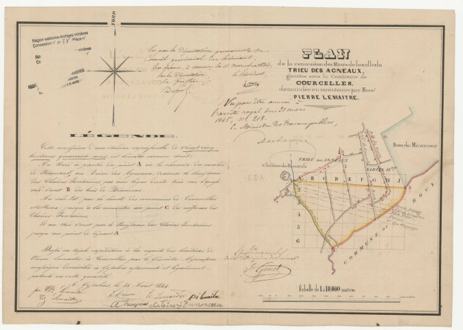 Plan de la concession des Mines de houille du Trieu des Agneaux, gisantes sous la Commune de Courcelles, demandée en maintenue par Monsr Pierre Lemaitre.