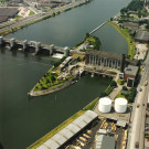 Liège. Wandre. Ile Monsin. Chantier du barrage et de la centrale hydro-électrique.