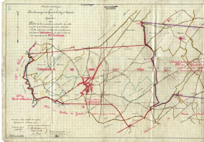 Société Anonyme des Charbonnages des Grand Conty et Spinois à Gosselies. Plan de la concession actuelle de cette société et de l'extension qu'elle sollicite.