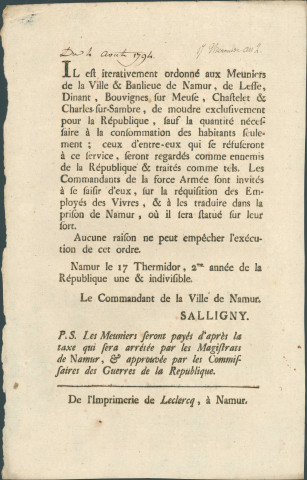 Annonce du commandant de la Ville de Namur Salligny ordonnant aux meuniers de moudre exclusivement pour la République sauf la quantité nécessaire à l'alimentation des habitants. Signé Salligny.
