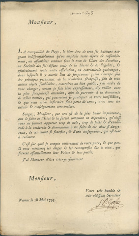 Courrier au mayeur de Bousal sur l'interdiction des réunions des Clubs de Jacobins ou Sociétés des amis de la liberté et de l'égalité.