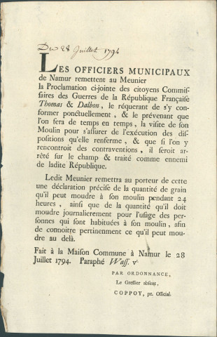 Annonce des officiers municipaux de Namur invitant chaque meunier à déclarer la quantité de grains qu'il peut moudre en 24 heures et sa capacité à augmenter la production. Signé Coppoy.