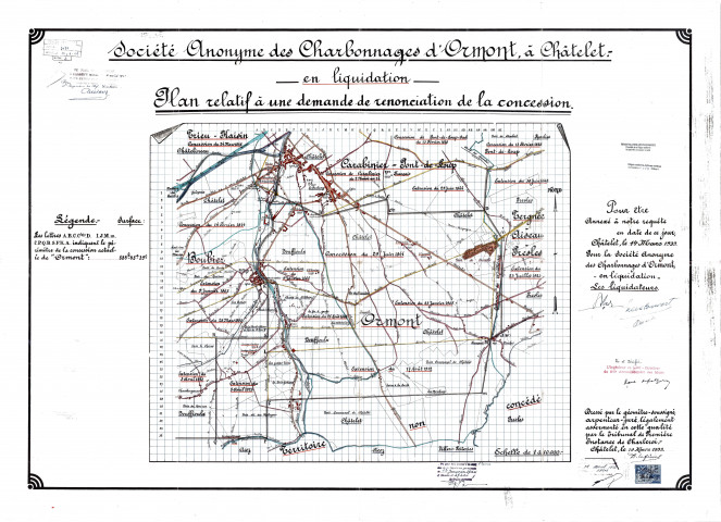 Société Anonyme des Charbonnages d'Ormont, à Châtelet. - en liquidation - Plan relatif à une demande de renonciation de la concession.